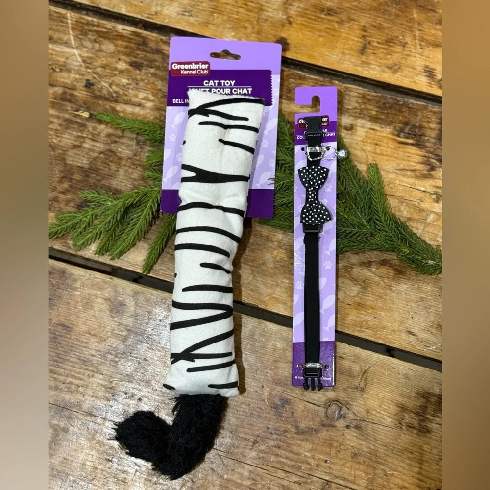 Zebra Print Cat Toy and Black Bow Collar